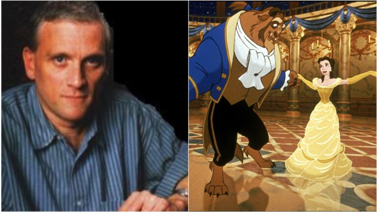 Composite image shows a photo of Howard Ashman on the left, seated and wearing a blue shirt, on the right a scene from the cartoon Beauty and The Beast that shows the Beast and Belle dancing in a candlelit ballroom.