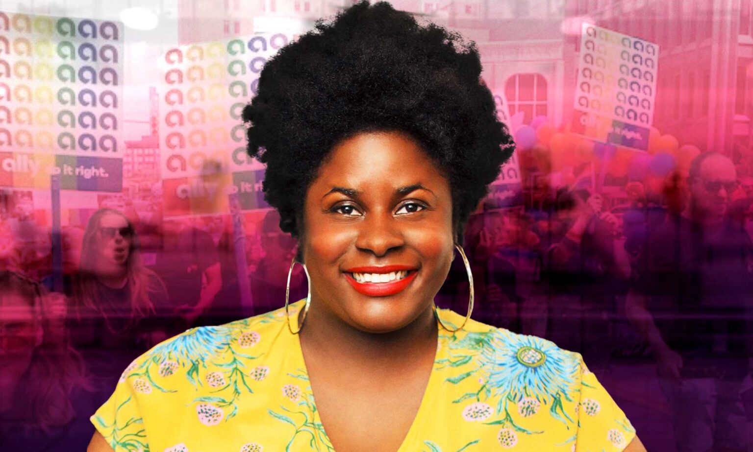 « Fille, ça va aller » : comment LaToya Lyn a pris le contrôle de sa propre sécurité financière A Black woman is smiling center in the image. She is wearing a bright yellow top. Behind her is a creatively overlay of a Pride Parade in pink and black hues.