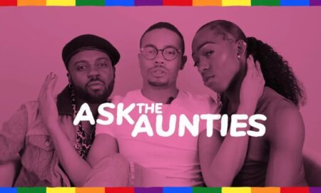 This is a decorative image of 3 Black men. They are posing for the camera and there is a pink overlay. There is also text that reads "Ask the Aunties" in white.