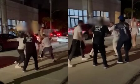 Screenshots from a video in which a group of men attack a group of LGBTQ+ women, who are mostly lesbians and a trans woman, on the streets of Miami Florida