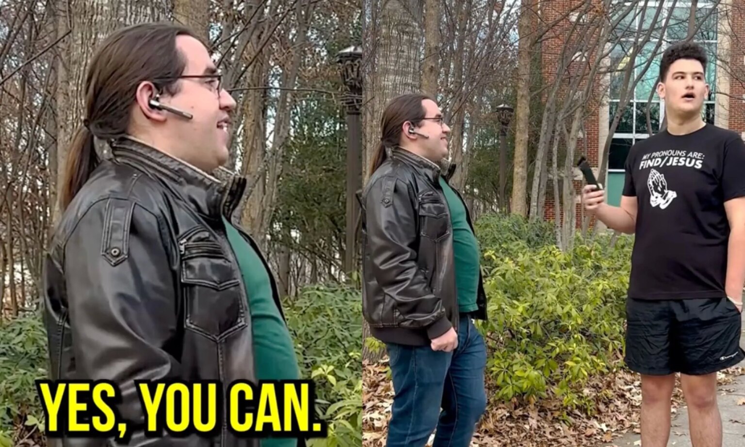 Un étranger déchire de manière épique la question des droits LGBTQ+ de Christian TikToker dans une vidéo virale Screenshots from a viral TikTok video where a person with a ponytail is in a 'debate' with a conservative about LGBTQ+ rights and economic stability. In one panel, the individual says "yes you can" with the words below them. The next panel shows the conservative frustrated with the stranger