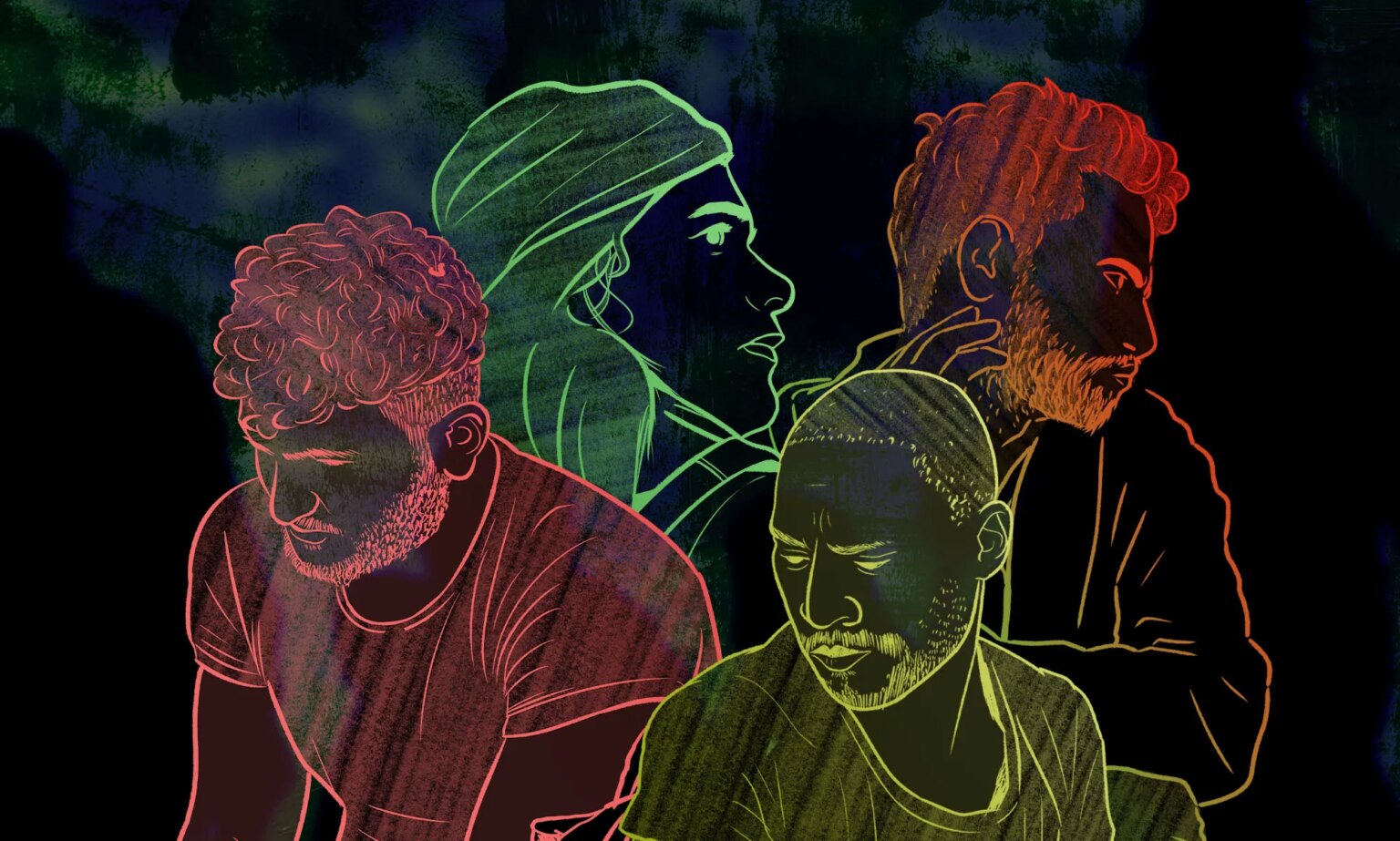 Quatre réfugiés LGBTQ+ partagent leurs histoires d’espoir, de résilience et de courage face aux discours anti-migrants This illustration shows four LGBTQ+ refugees drawn in different colours set against a black background.