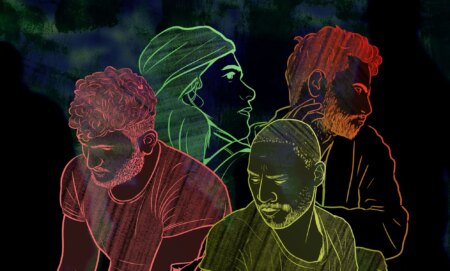 This illustration shows four LGBTQ+ refugees drawn in different colours set against a black background.