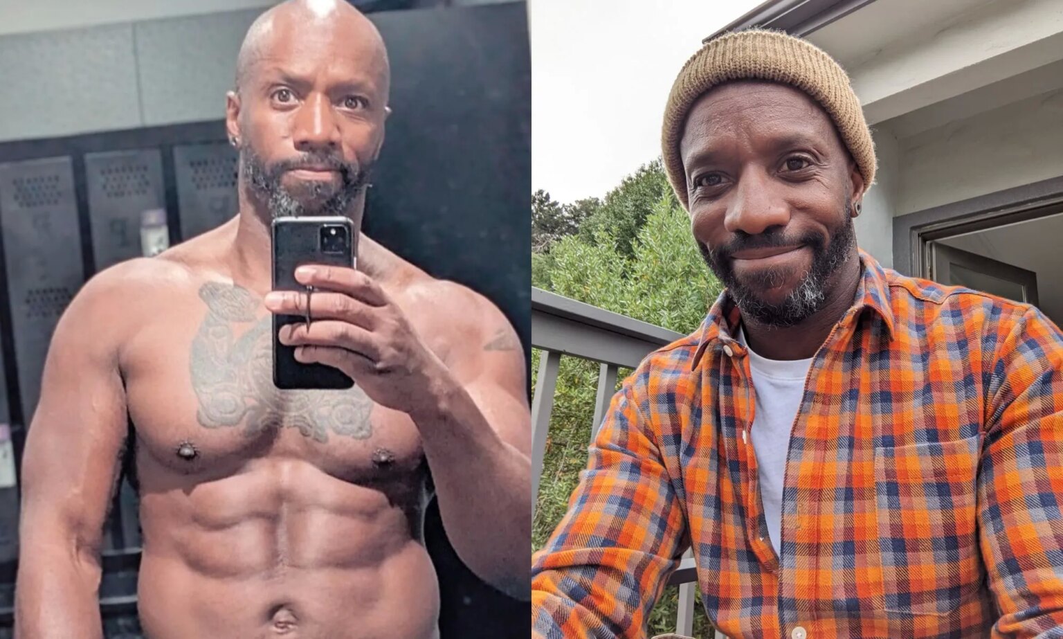 Le sexe qui a changé ma vie : sortir avec un collègue m’a ouvert la porte à une meilleure compréhension de moi-même Race Cooper pictured on the left shirtless in a gym. He is taking a selfie in the mirror in the photograph and lockers can be seen in the background. On the right, Race is pictured outdoors wearing a woollen hat and an orange and red plaid shirt.