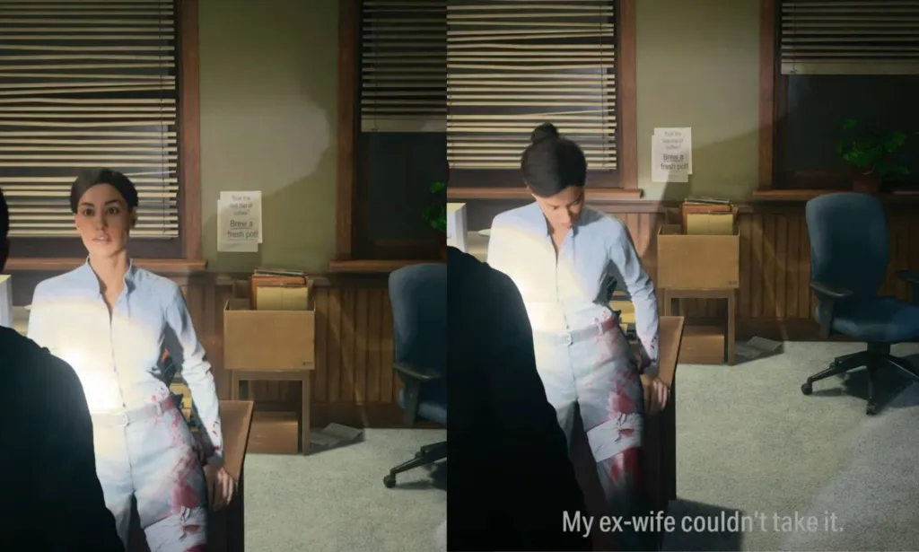 Une capture d'écran du jeu vidéo Alan Wake II du personnage LGBTQ+ Kiran Estevez discutant d'avoir une ex-femme