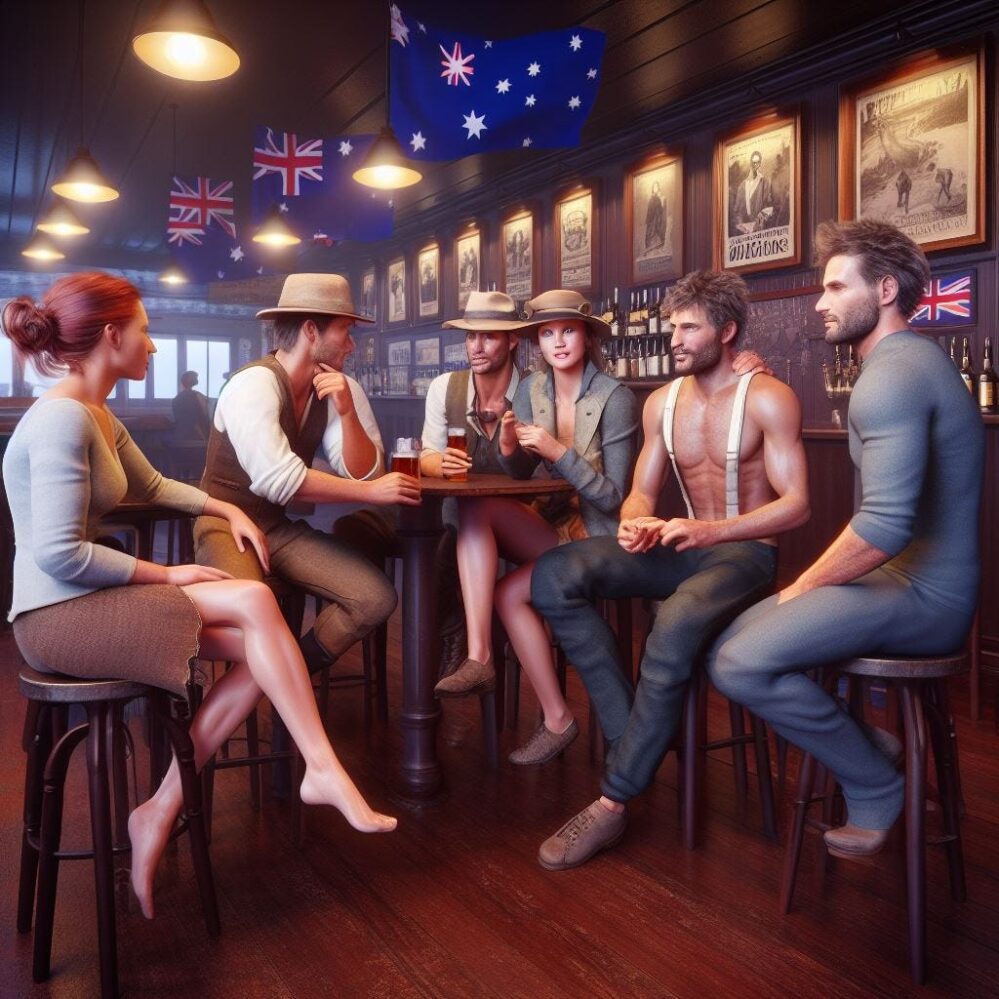 Image de dessin animé générée par l'IA représentant des amis traînant dans un bar avec des drapeaux australiens suspendus au plafond.  Tout le monde est jeune, beau et musclé.  Un homme est torse nu. Bien que des irrégularités existent, comme les yeux d'une femme en forme d'araignée et une main désincarnée posée sur l'épaule d'un homme.