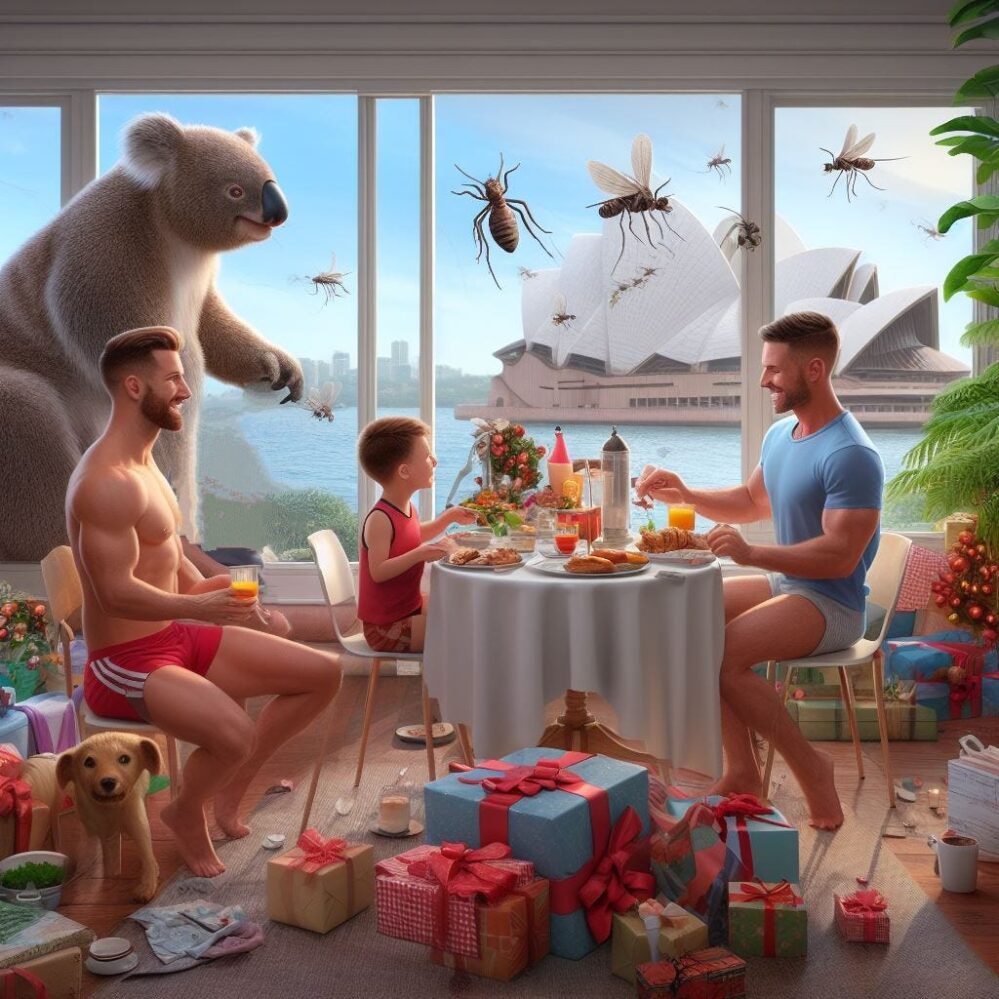 Image générée par l’IA de deux hommes et d’un enfant prenant leur petit-déjeuner tandis qu’un koala géant et des moustiques géants les entourent.  À l'extérieur de la fenêtre se trouve une vue sur l'opéra de Sydney.  Les cadeaux de Noël sont partout sur le sol.