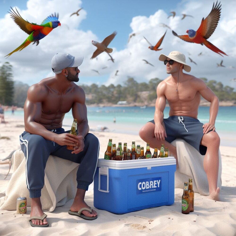 Deux hommes assis sur une plage à côté d’une glacière remplie de bière pendant que des loriquets volent 