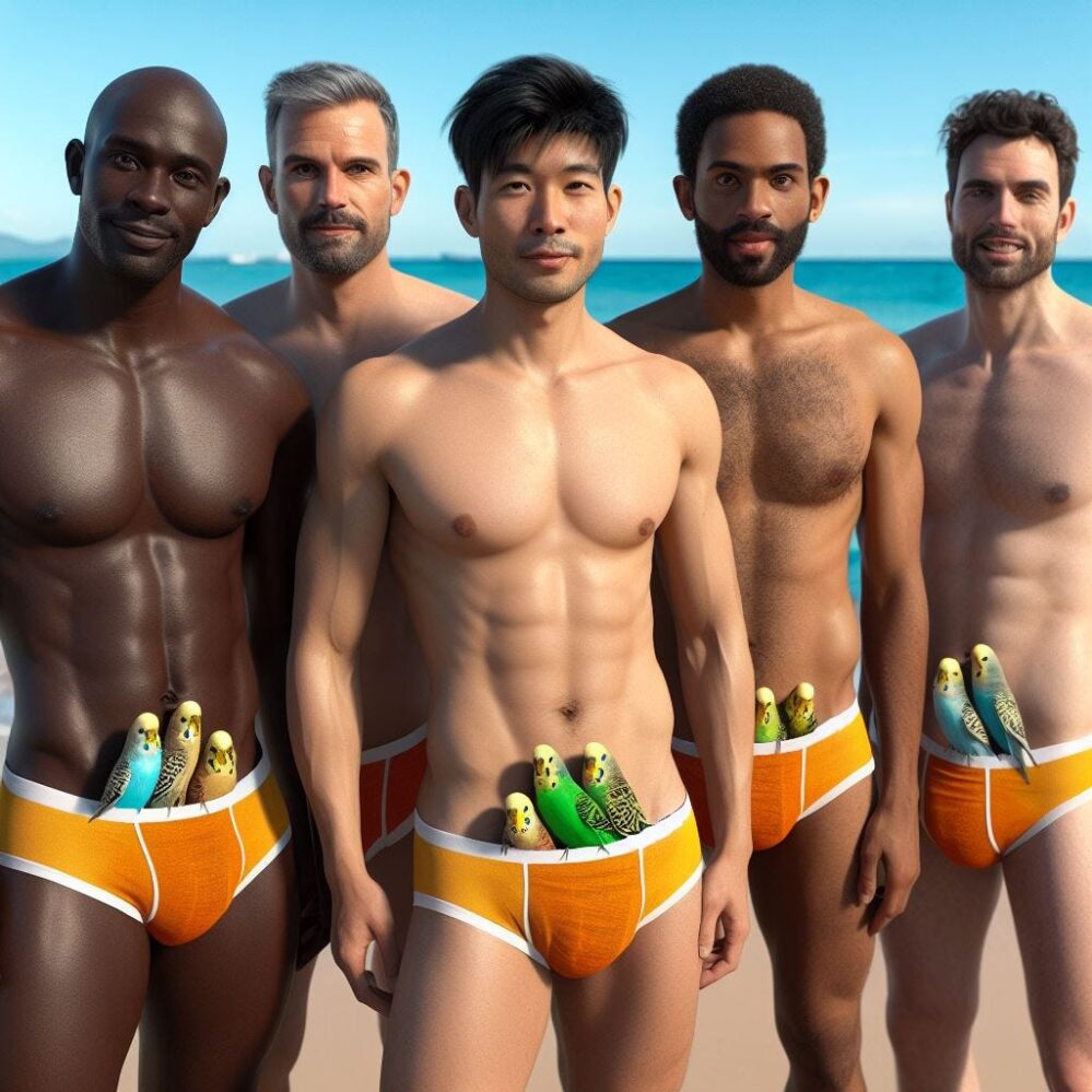 Cinq hommes d'ethnies différentes debout sur une plage portant des speedos remplis de perruches. 