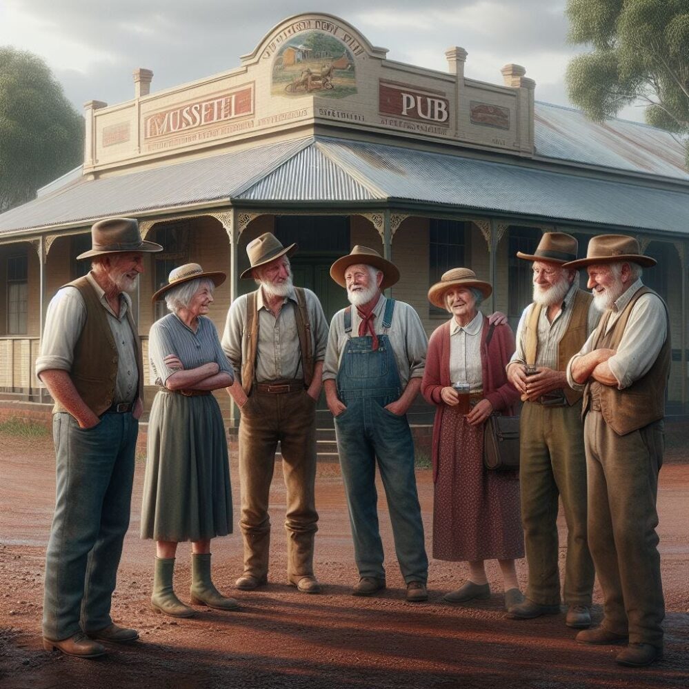une image photoréaliste d'un groupe d'Australiens et de femmes australiens plus âgés et ruraux se tenant devant un pub à l'ancienne et parlant