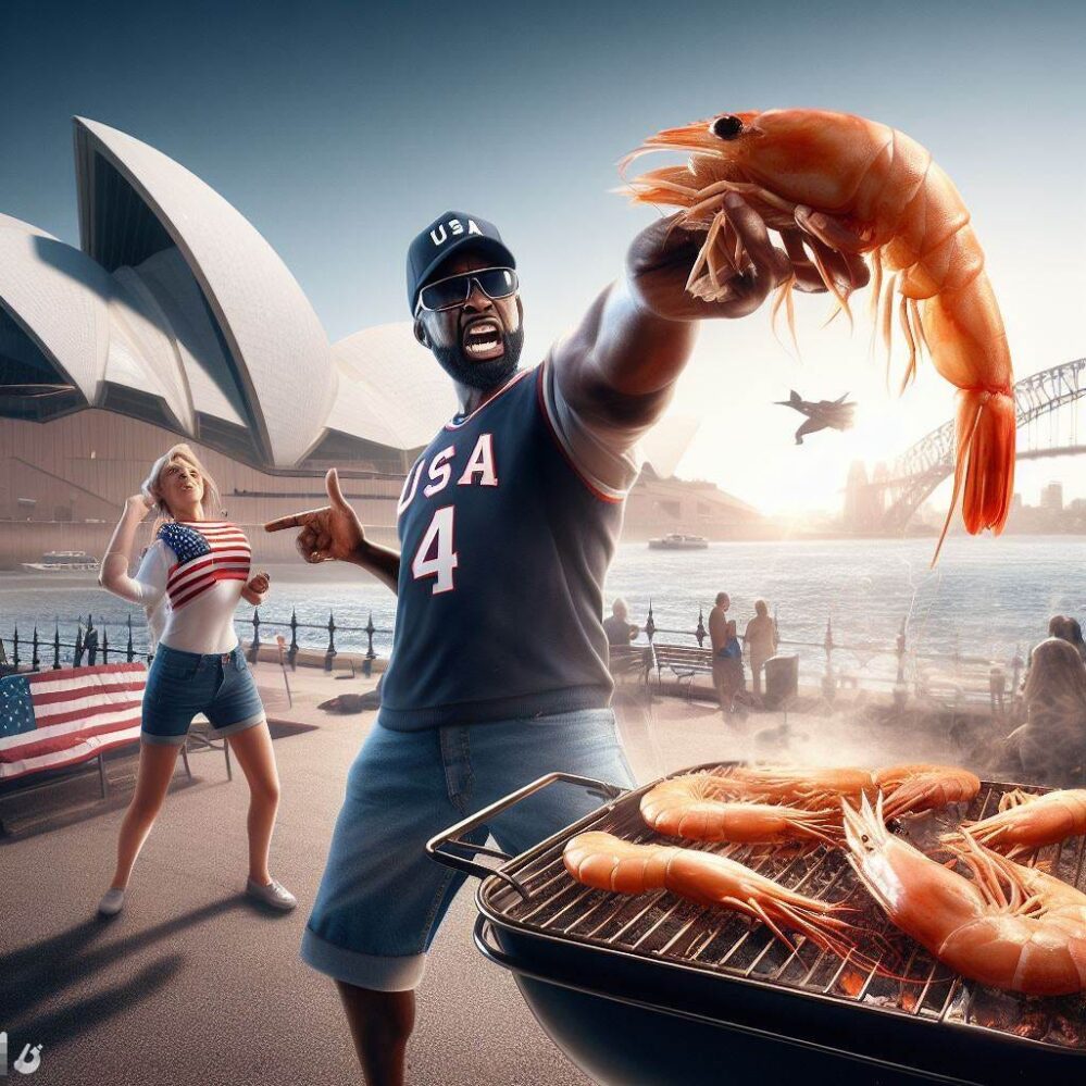 Homme et femme américains faisant un barbecue de crevettes devant l'Opéra de Sydney portant le drapeau américain et des chemises américaines.  Un drapeau américain est drapé sur le banc derrière eux.  Les bras de la femme ne sont pas complètement formés, ni son visage. 