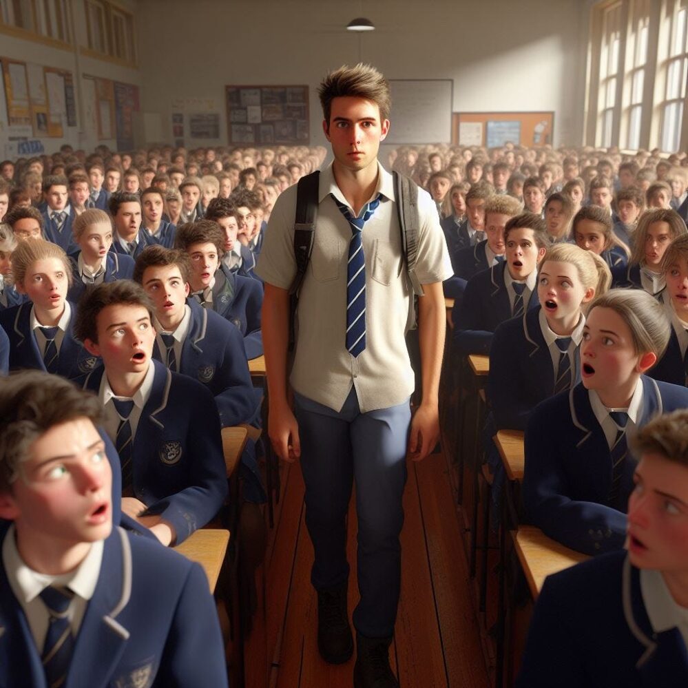 Photo générée par l'IA d'un adolescent traversant un auditorium de lycée pendant que tous ses camarades de classe le regardent