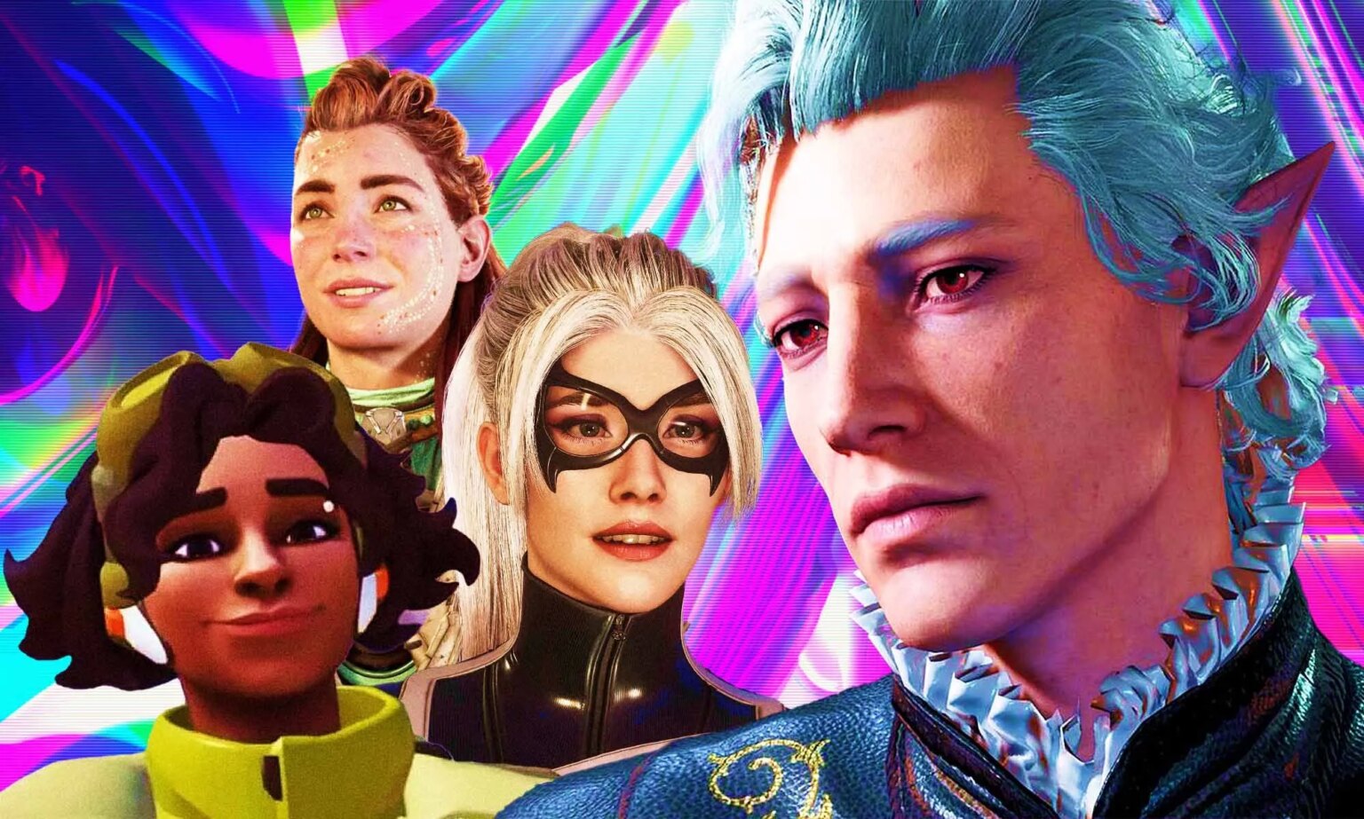 Sept personnages de jeux vidéo LGBTQ+ introduits en 2023 A graphic with a swirly rainbow background that depicts several LGBTQ+ video game characters that we were introduced to in 2023