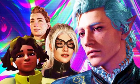 A graphic with a swirly rainbow background that depicts several LGBTQ+ video game characters that we were introduced to in 2023