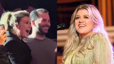 Kelly Clarkson helping to marry a gay couple during her las Vegas residency show and (right) singing into a microphone while wearing a gold dress