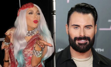 Lady Gaga blows a kiss while wearing her 2010 meat dress (left). On the right, Rylan.