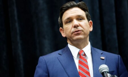 A picture of Florida governor Ron DeSantis, who signed a controversial book ban law, wears a suit and tie as he speaks into a microphone