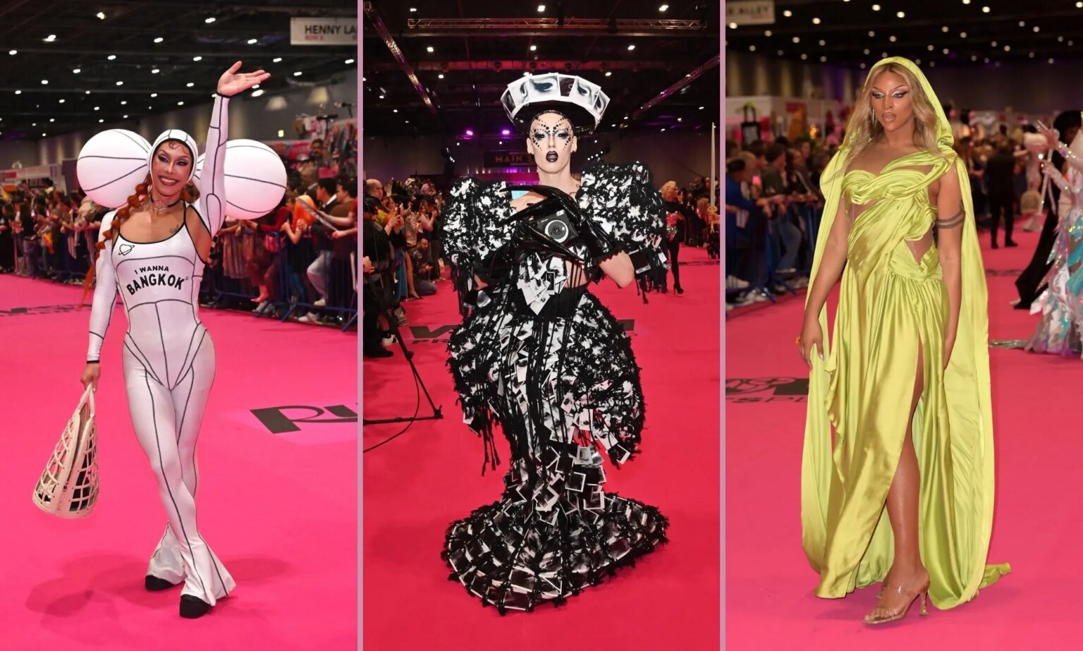 12 des plus beaux looks du tapis rose de la DragCon UK de RuPaul, de Cheddar Magnifique à Pangina Heals Pangina Heals, Cheddar Gorgeous and Cara Melle at RuPaul