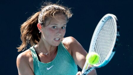 Gay Russian tennis player Daria Kasatkina of Russia plays a backhand in Melbourne, Austalia