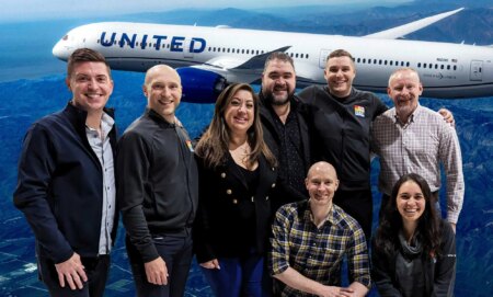 This is a collage image of a diverse group of people with a United airplane in the background.