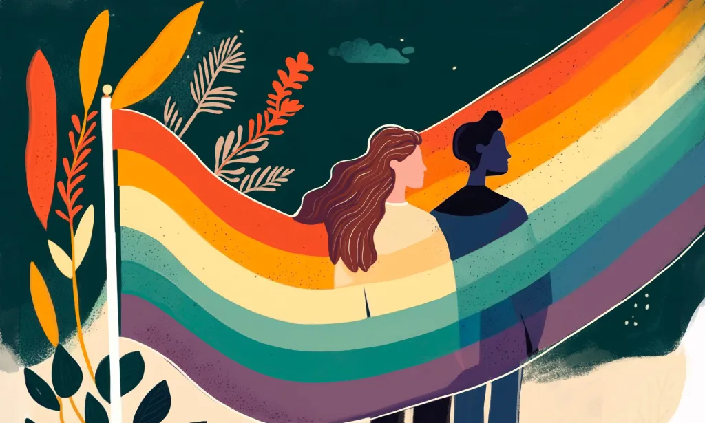 deux femmes illustrées debout à l'intérieur d'un arc-en-ciel, illustrant le spectre de la sexualité biromantique et bisexuelle