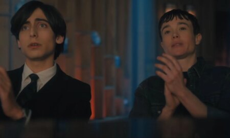 Aidan Gallagher and Elliot Page in a still from the final season of The Umbrella Academy.