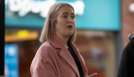 WARRINGTON, ENGLAND - FEBRUARY 11: Esther Ghey, Mother of Brianna Ghey, speaks at a vigil to mark the 1 year anniversary of Brianna