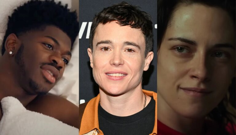 Left-right: Lil Nas X in the Long Live Montero trailer, Elliot Page, and Kristen Stewart in the Love Lies Bleeding trailer ahead of the BFI Flare LGBTQ+ film festival 2024