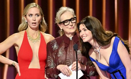 The Devil Wears Prada cast, Emily Blunt, Meryl Streep and Anne Hathaway speak onstage at the 30th Annual Screen Actors Guild Awards in Los Angeles, California.