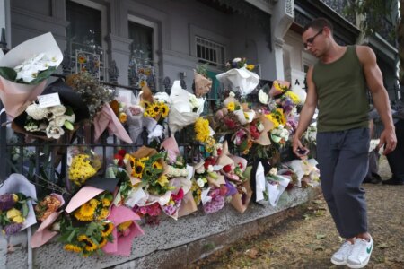 Photo shows a floral display outside Jesse Baird