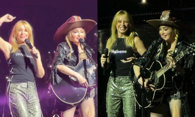 Kylie Minogue and Madonna perform on stage.