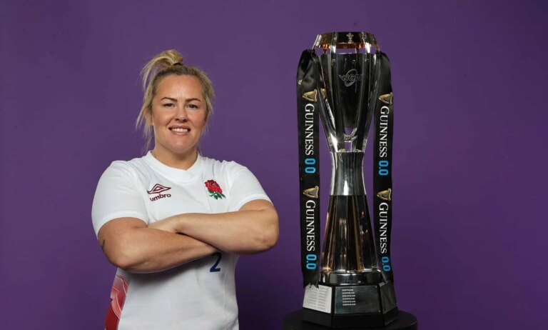 LONDON, ENGLAND - MARCH 13: Marlie Packer, the England captain, poses with the Six Nations trophy during Guinness Women