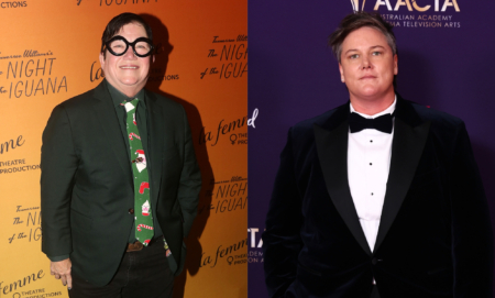 Hannah Gadsby and Lea DeLaria dressed in suits