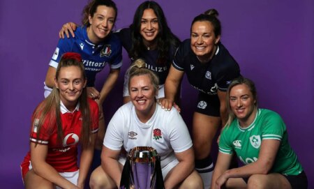 LONDON, ENGLAND - MARCH 13: (L-R) Hannah Jones, Wales captain, Elisa Giordano, Italy captain, Marlie Packer, England captain, Manae Feleu, France captain, Rachel Malcolm, Scotland captain and Edel McMahon, the Ireland captainpose with the Six Nations trophy during Guinness Women