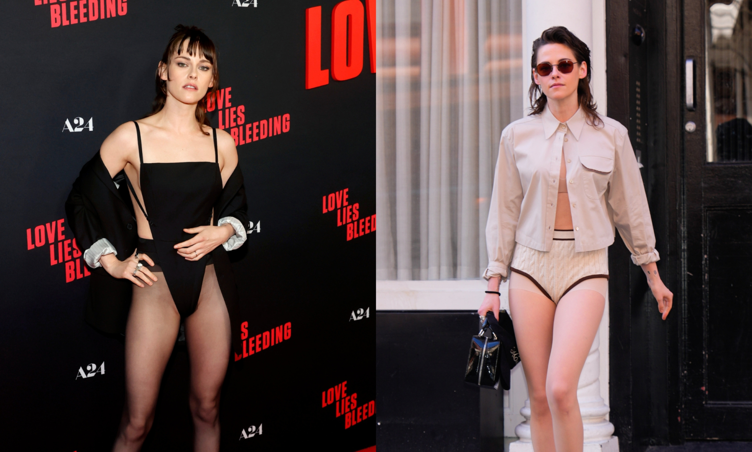 Pourquoi Kristen Stewart va-t-elle sans fond ? Tout ce que vous devez savoir sur la tendance « No Pants » Two images of Kristen Stewart pantless