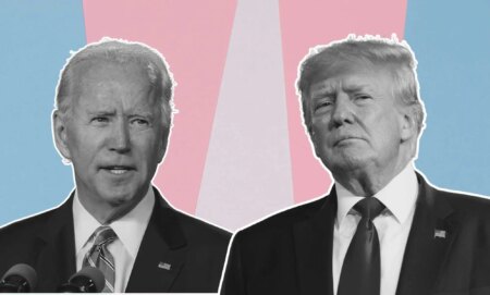 Black and white images of Trump and Biden in front of a trans flag