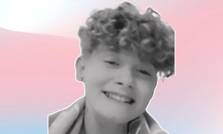 A graphic composed of pink, blue and white swirls representative of the colours of the trans Pride flag alongside an image of trans teen Charlie Millers, there is an inquest into his death