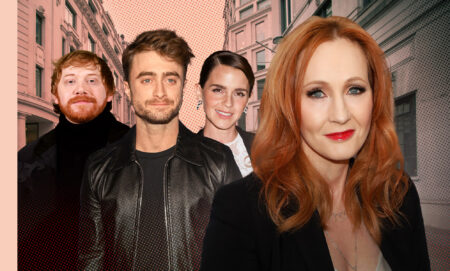 Harry Potter actors Rupert Grint, Daniel Radcliffe and Emma Watson superimposed next to author JK Rowling