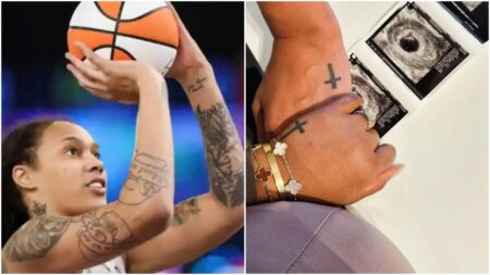 Left: Brittney Griner on the basketball court, preparing to throw the ball. Right - the instagram post announcing the baby - with the Griners holding hands on top of a baby bump with a sonogram picture on the table behind.