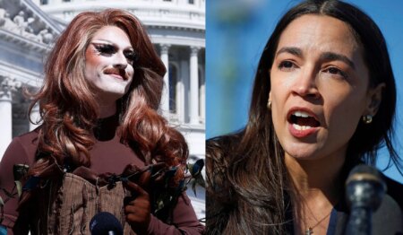 Drag queen Pattie Gonia dressed as a tree outside the US senate (left) and Alexandra Ocasio-Cortez (right)