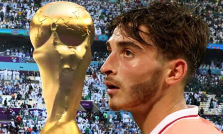 Gay footballer Josh Cavallo and the FIFA World Cup trophy