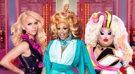 A graphic of Courtney Act, Peppermint and Mistress Isabelle Brooks superimposed on to the Werk Room of RuPaul