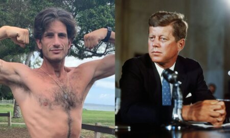 Jack Schlossberg poses shirtless (left) and John F Kennedy on his first day as president.