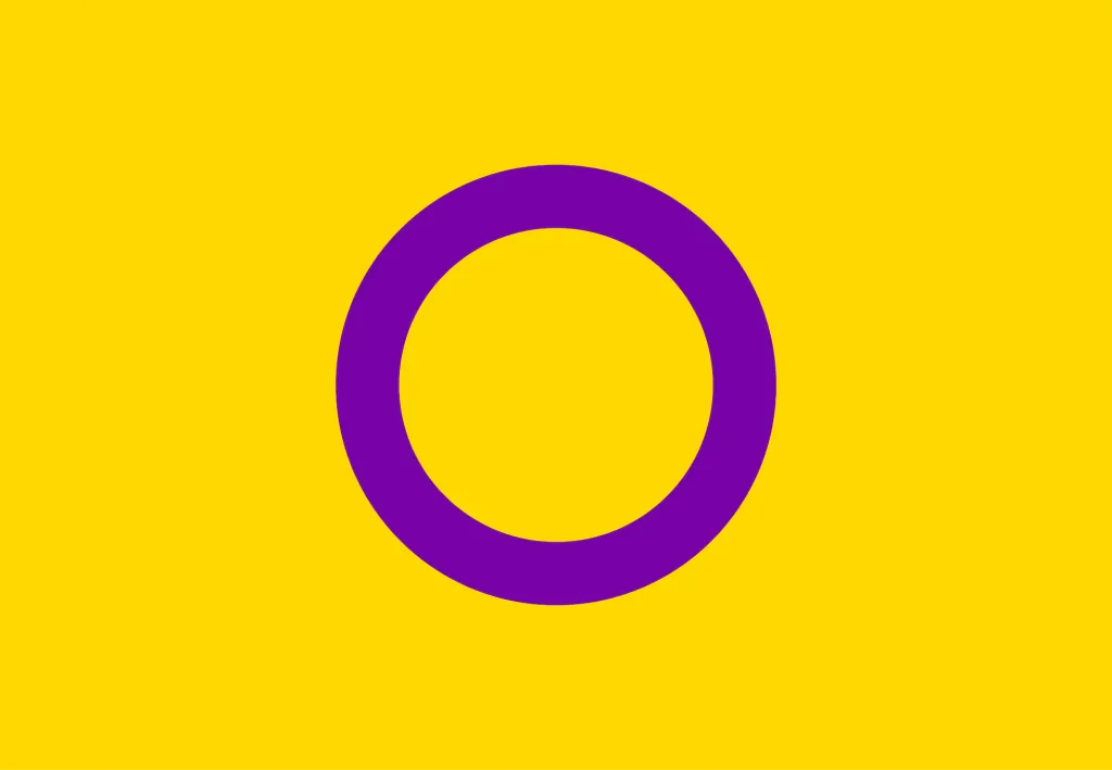 Couleurs du drapeau de la fierté intersexuée : jaune avec un cercle violet au centre