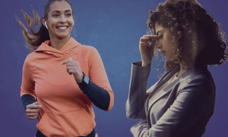 This is a collage image of two women. On the left is a woman jogging. She is wearing a peach colour top and has air pods in and is smiling. The woman on the right is wearing a grey suit and appears depressed and stressed.