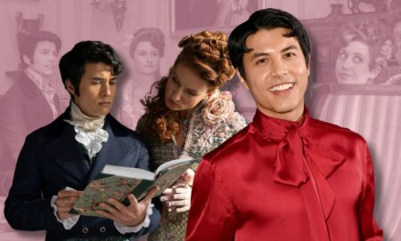 Bridgerton star James Phoon in a red shirt, smiling. On the left of him is a still from season three of Bridgerton, featuring James