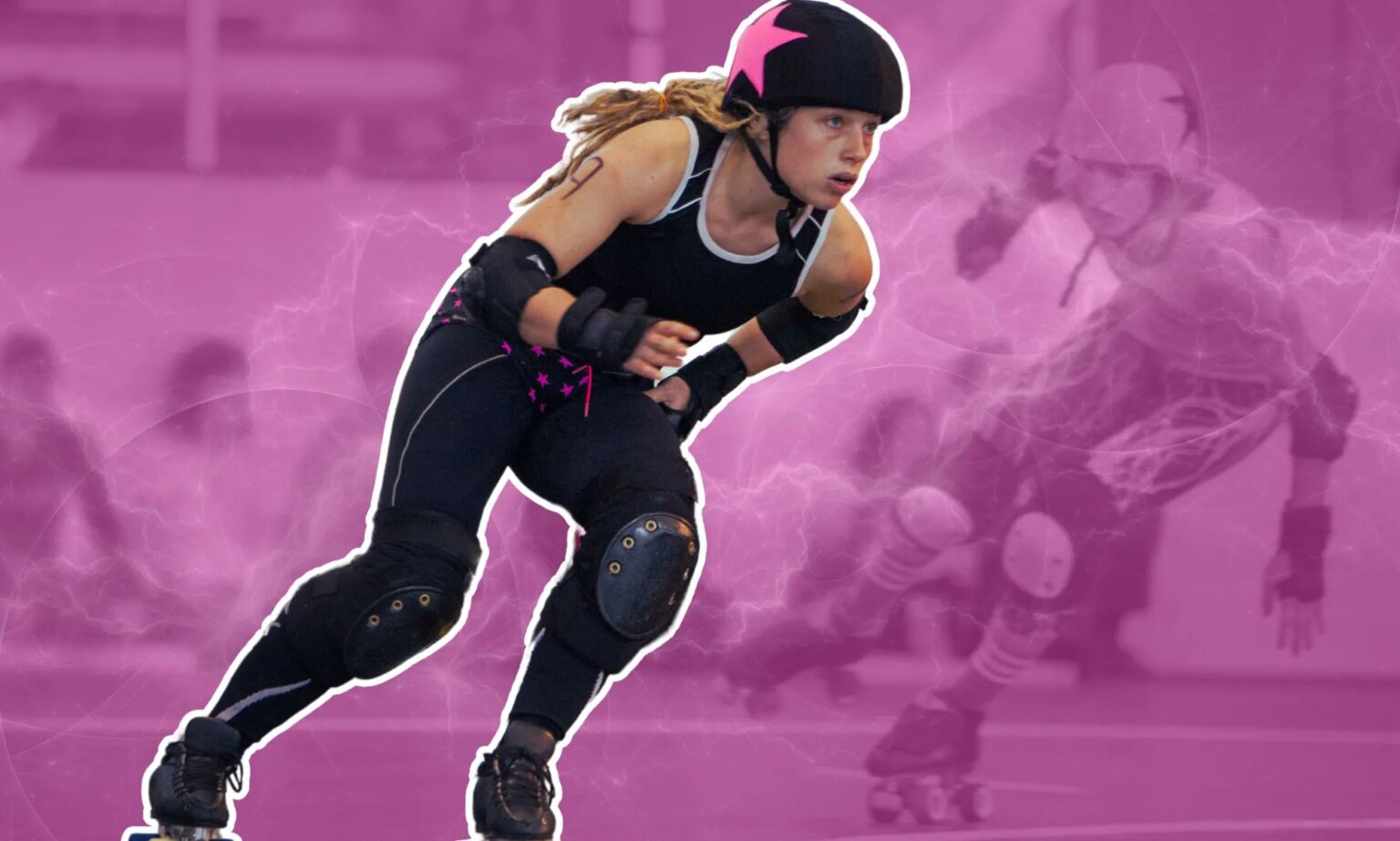 Une équipe de roller derby trans-inclusive contribue à faire tomber l'interdiction des sports trans An edited image of a roller-derby competitor on top of a pink background.