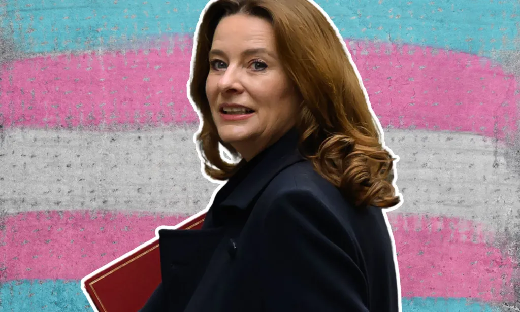 Une image retouchée de Gillian Keegan au sommet d'un mur en béton trans.