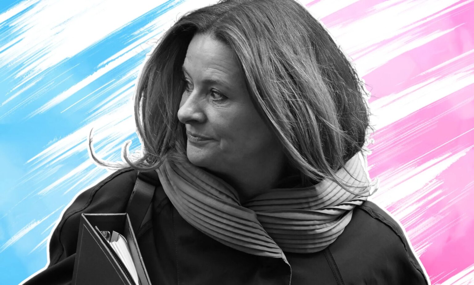 Si les conservateurs pensent qu'ils peuvent empêcher les gens d'être trans, ils risquent un réveil brutal An edited image of a monochrome Gillian Keegan infront of a pink and blue background.