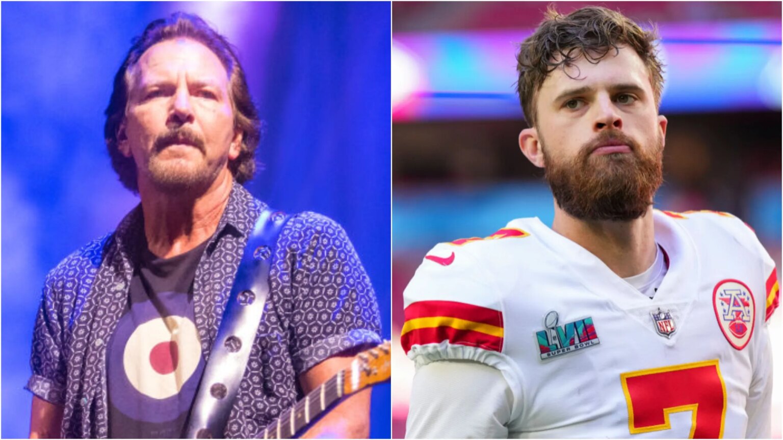 Oui, Eddie Vedder a traité Harrison Butker de « connard » – et non, il n'a pas perdu 14 millions de dollars pour l'avoir dit Photo shows Pearl Jam frontman Eddie Vedder on the left and Kansas Chiefs kicker Harrison Butker on the right